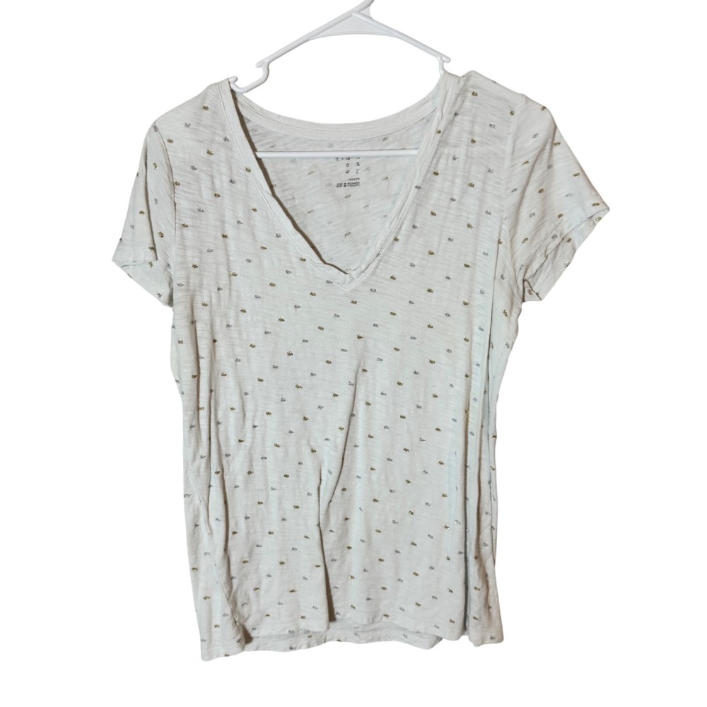 A New Day Womens White Metallic Gold Silver Dot‎ V-Neck Short Sleeve Tee Medium